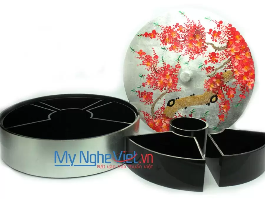hộp mứt tết vẽ đào hồng