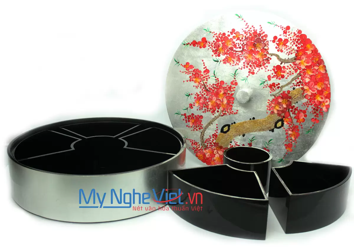 hộp mứt tết vẽ đào hồng