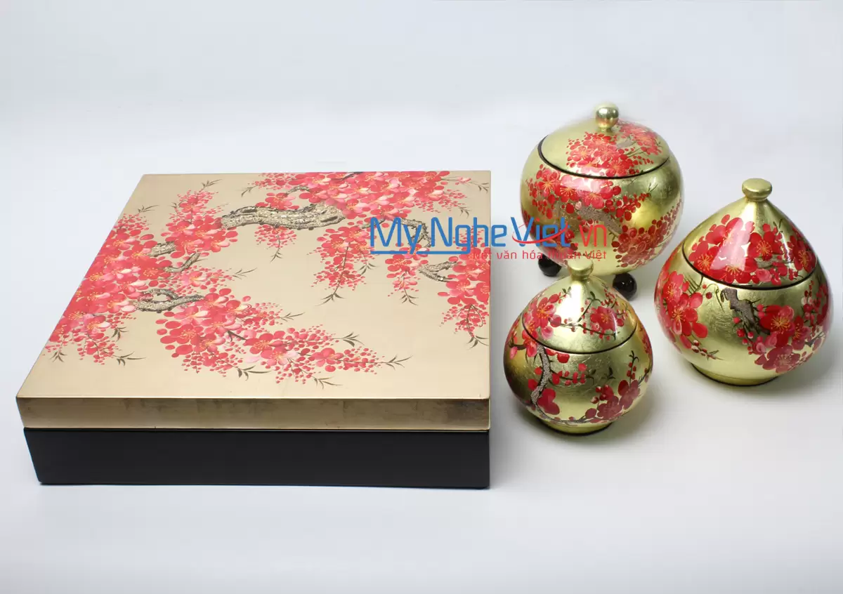 hộp đựng mứt tết - hũ đựng mứt họa tiết đào