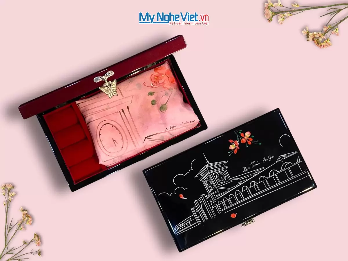Jewelry box gift combo – Ben Thanh market painted silk scarf